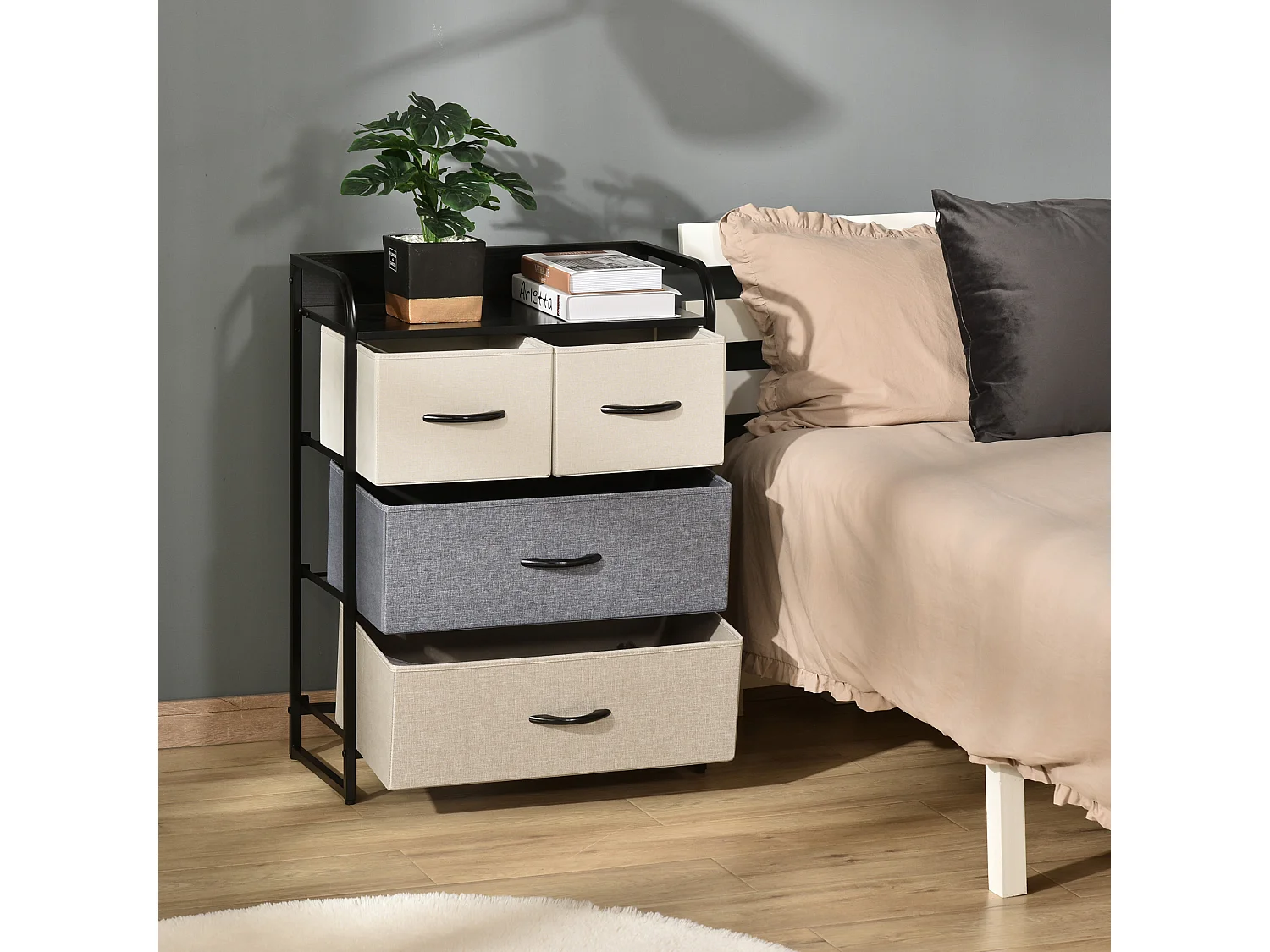 Meuble de rangement chiffonnier 4 tiroirs en tissu 58 x 29 x 78,5 cm noir gris écru beige