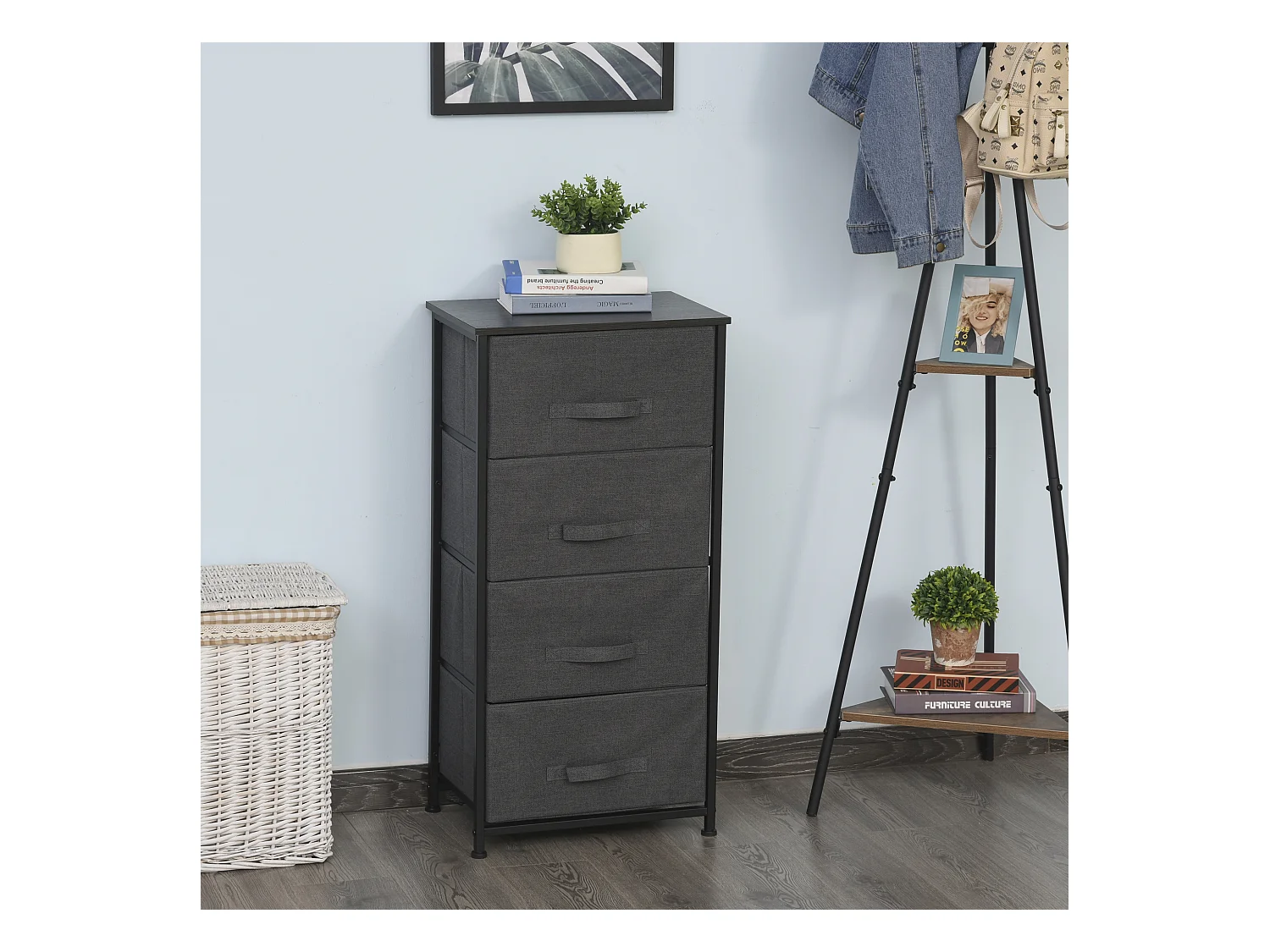 Meuble de rangement 4 tiroirs chiffonnier dim. 45L x 30l x 92H cm métal MDF non tissé noir