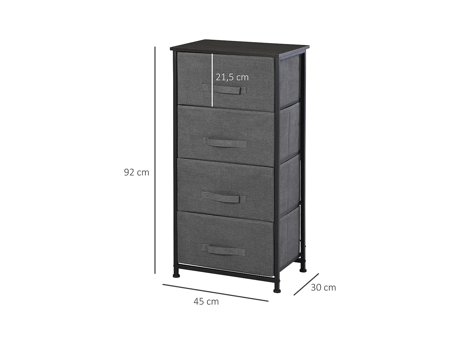 Meuble de rangement 4 tiroirs chiffonnier dim. 45L x 30l x 92H cm métal MDF non tissé noir