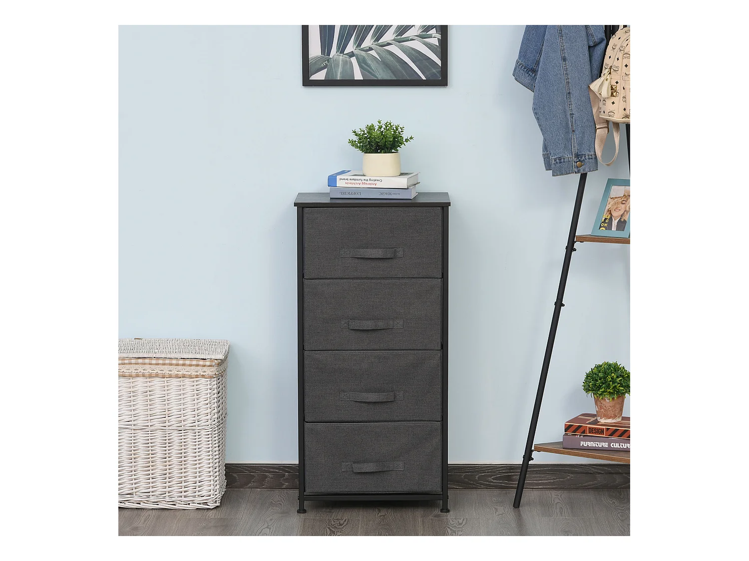 Meuble de rangement 4 tiroirs chiffonnier dim. 45L x 30l x 92H cm métal MDF non tissé noir