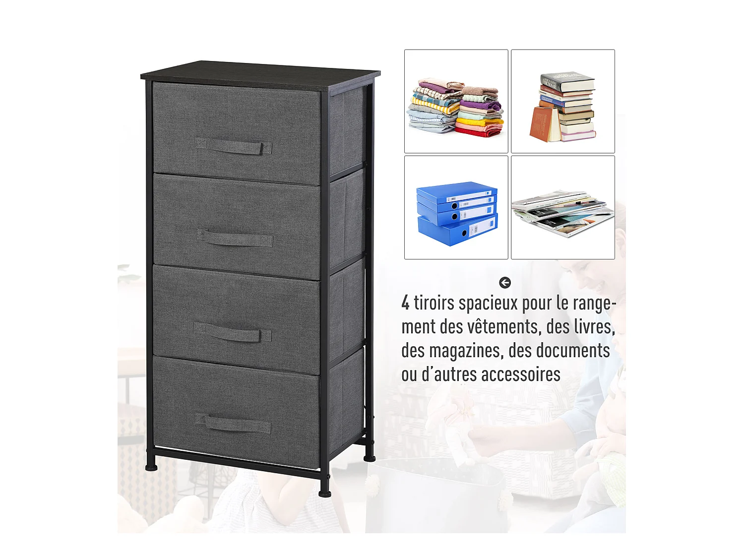 Meuble de rangement 4 tiroirs chiffonnier dim. 45L x 30l x 92H cm métal MDF non tissé noir