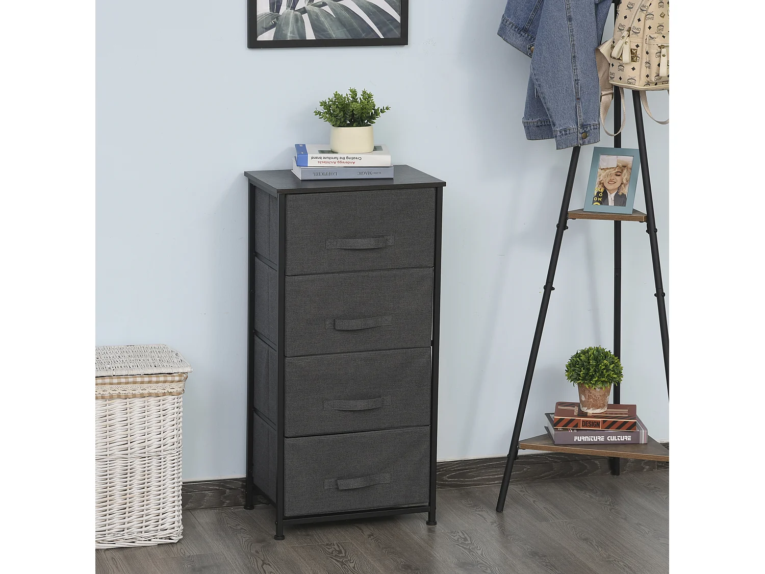 Meuble de rangement 4 tiroirs chiffonnier dim. 45L x 30l x 92H cm métal MDF non tissé noir