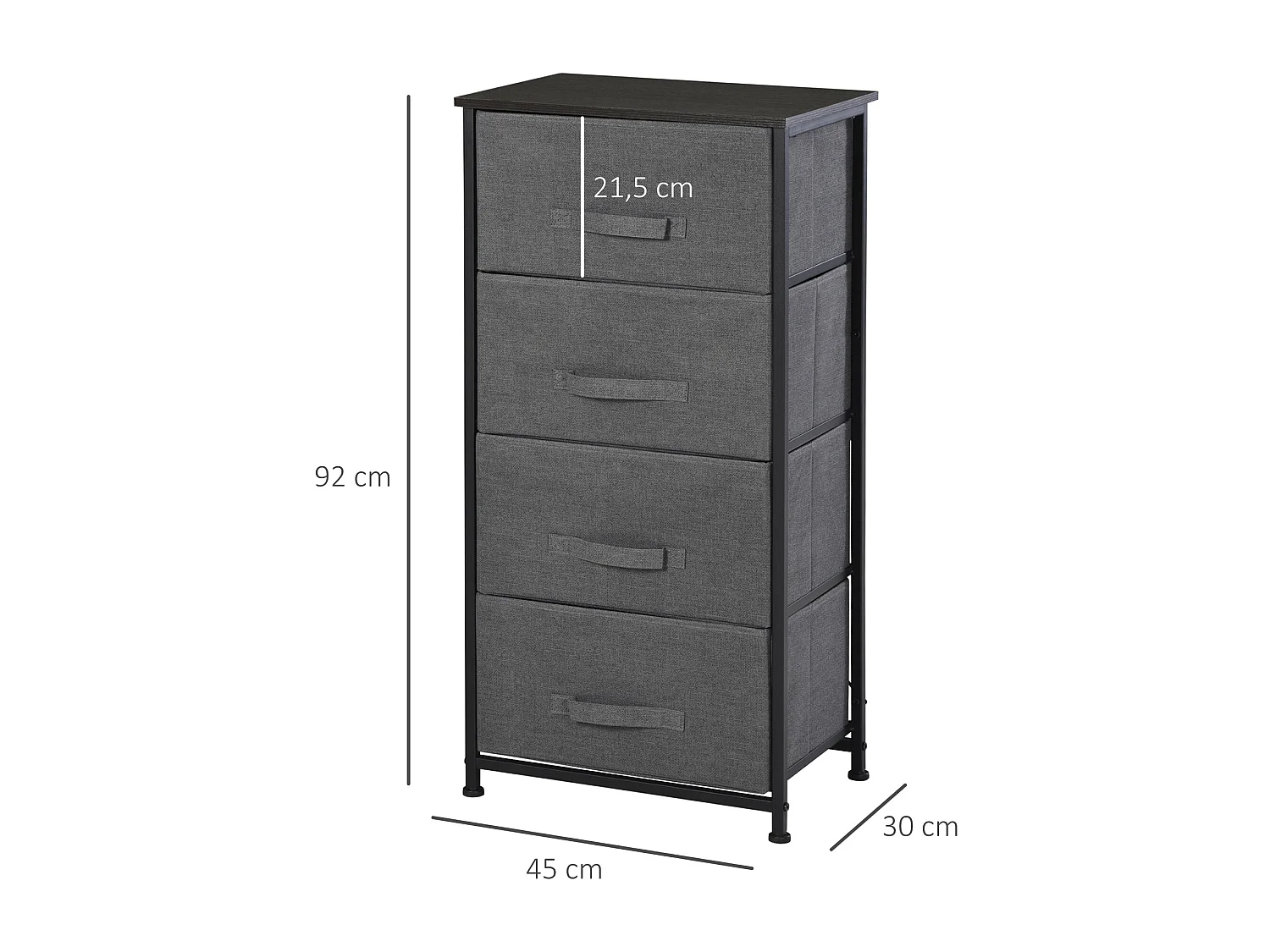 Meuble de rangement 4 tiroirs chiffonnier dim. 45L x 30l x 92H cm métal MDF non tissé noir