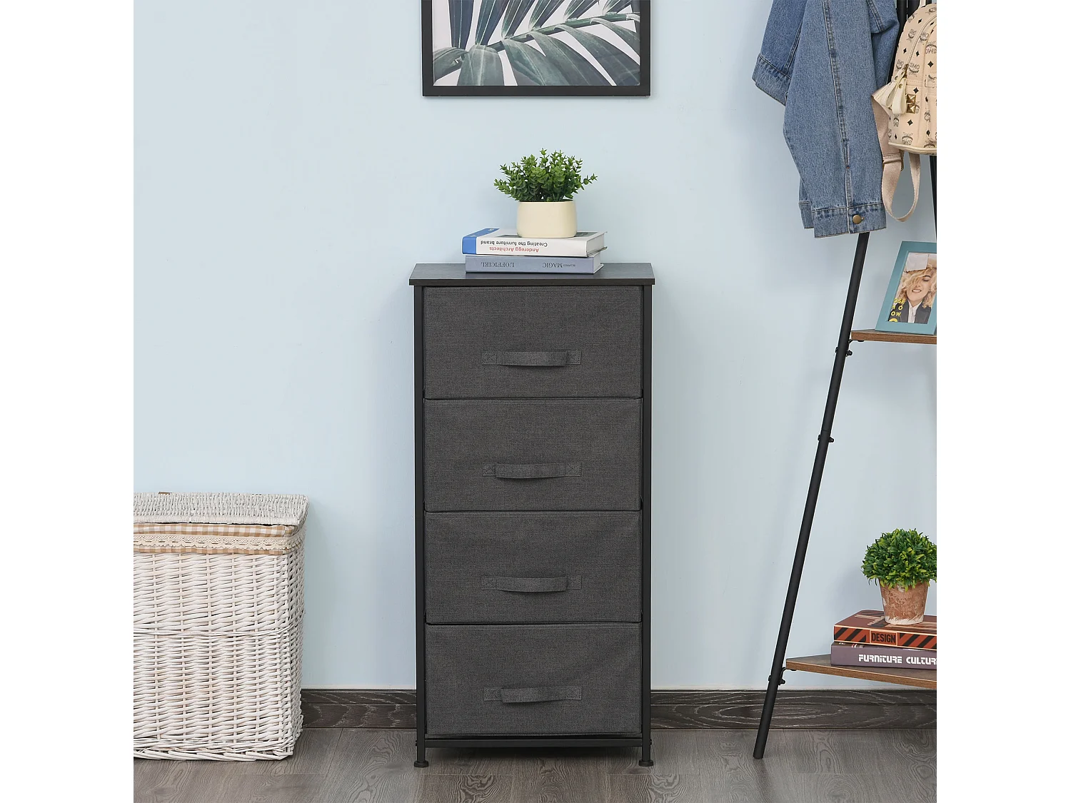 Meuble de rangement 4 tiroirs chiffonnier dim. 45L x 30l x 92H cm métal MDF non tissé noir