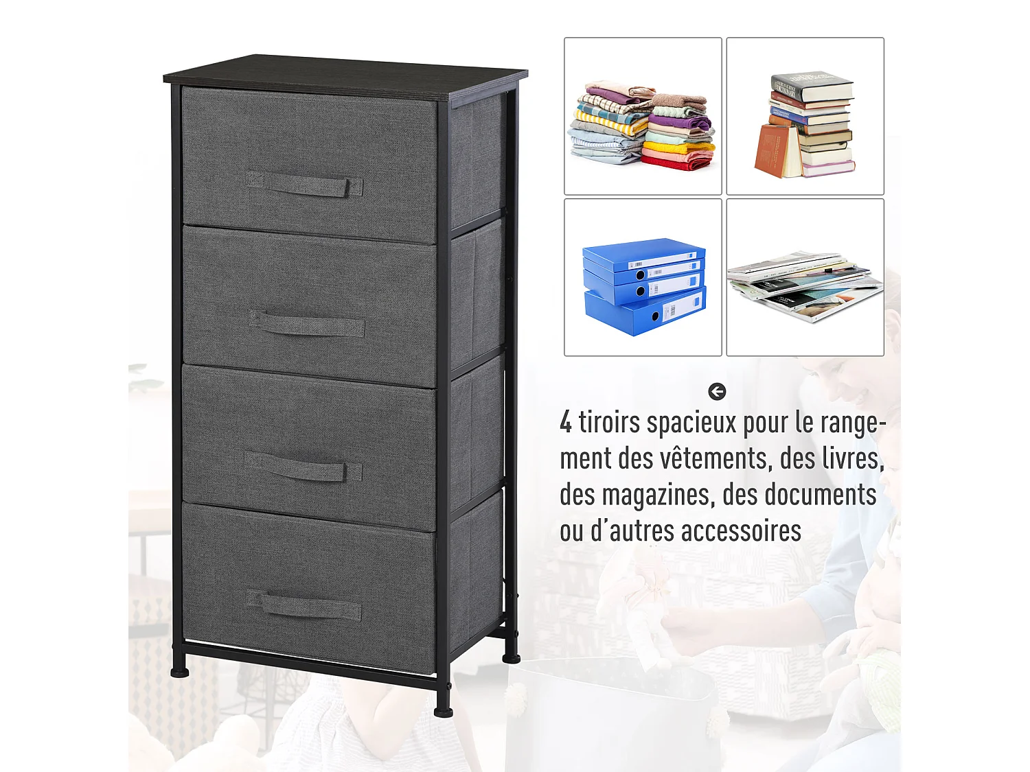 Meuble de rangement 4 tiroirs chiffonnier dim. 45L x 30l x 92H cm métal MDF non tissé noir