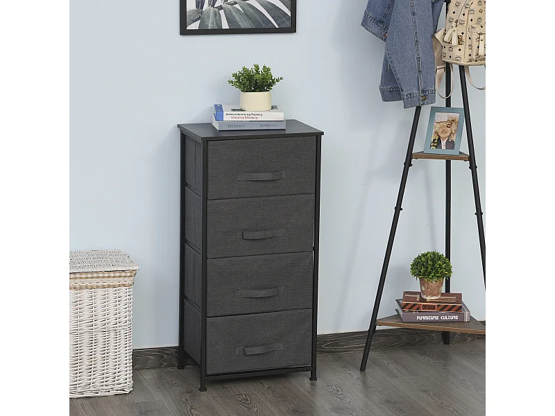 Meuble de rangement 4 tiroirs chiffonnier dim. 45L x 30l x 92H cm métal MDF non tissé noir