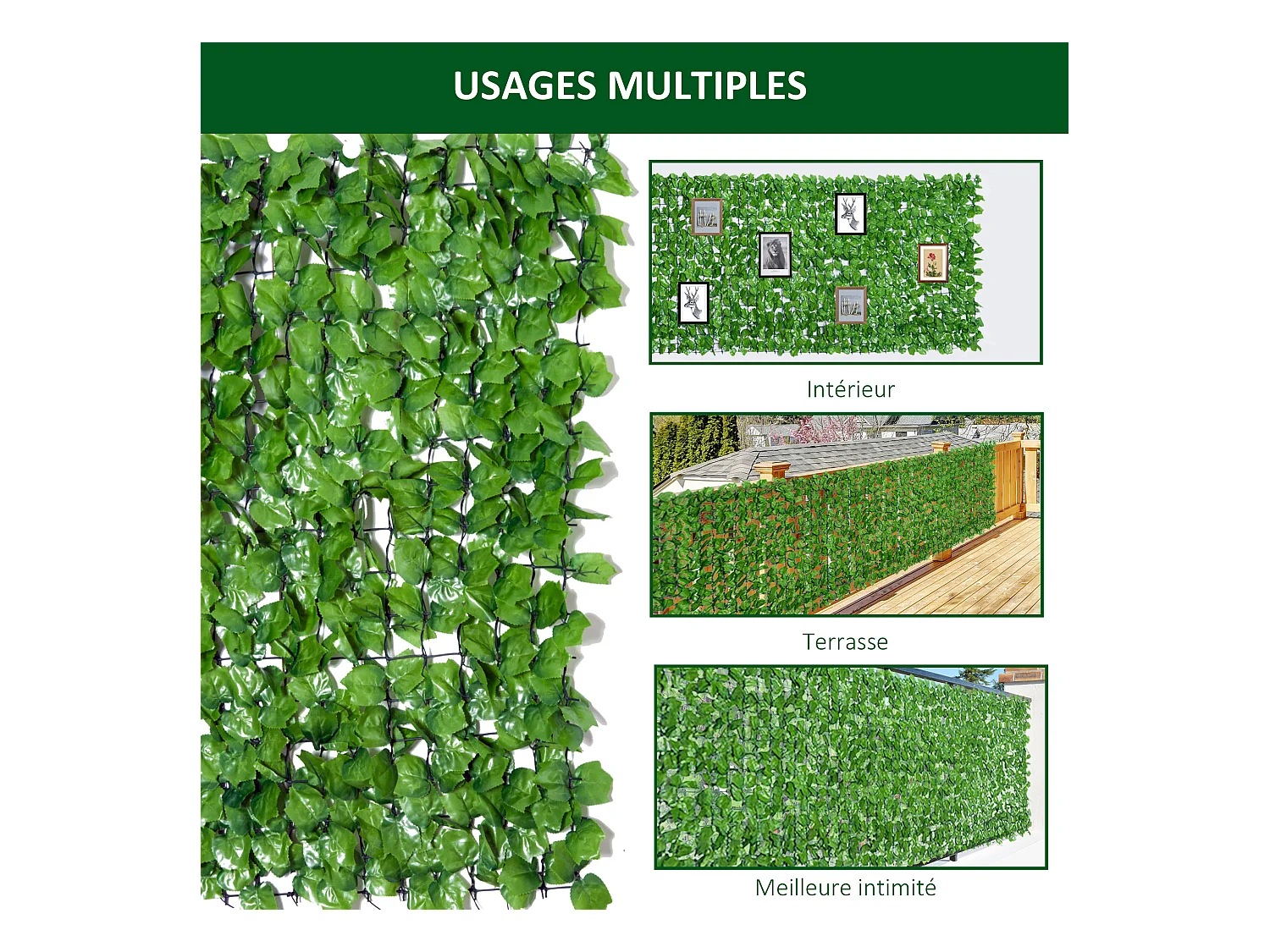 Haie artificiel érable brise-vue décoration rouleau 3L x 1H m  feuillage réaliste anti-UV vert