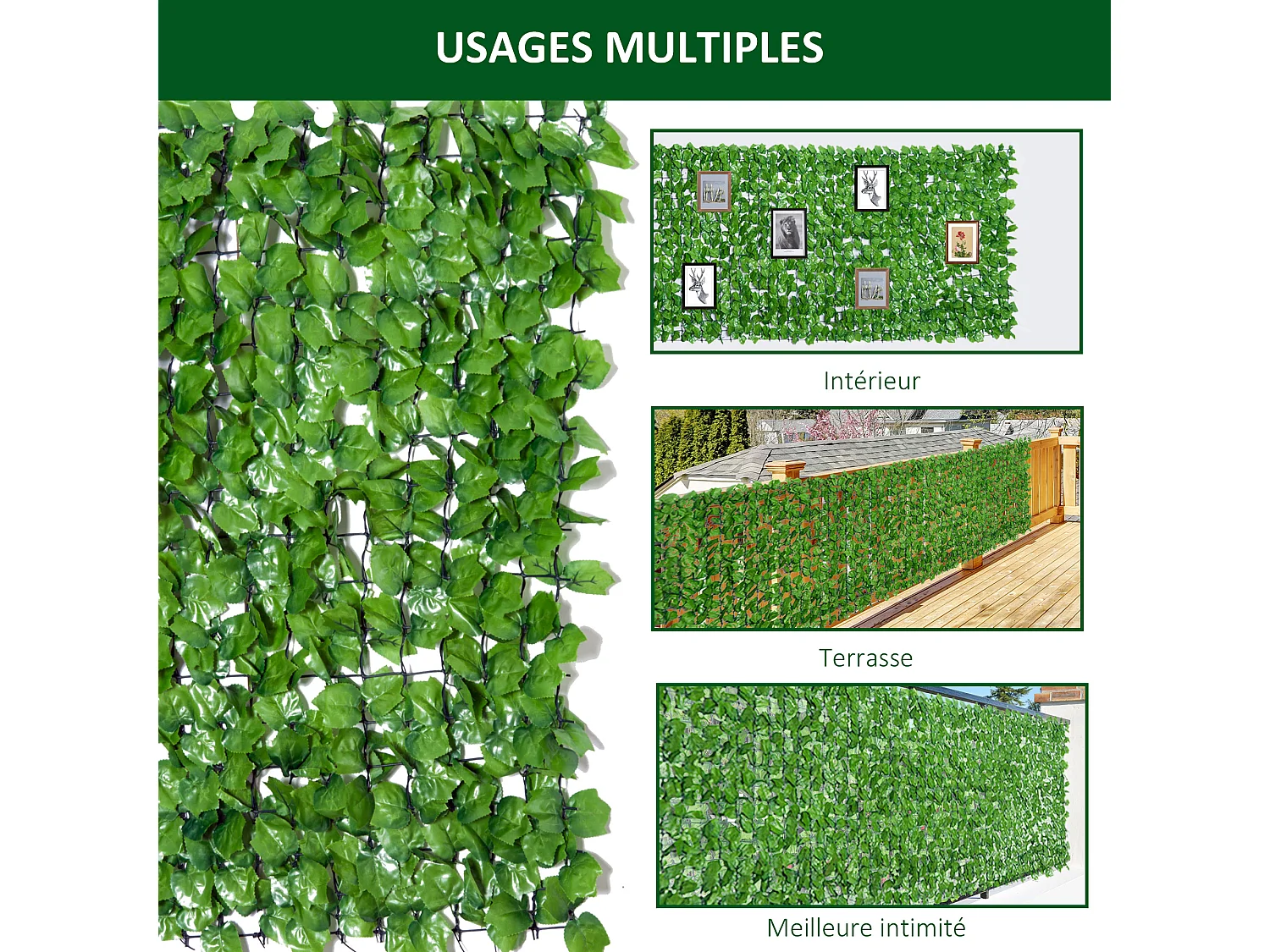 Haie artificiel érable brise-vue décoration rouleau 3L x 1H m  feuillage réaliste anti-UV vert