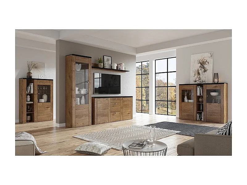 Set von 5 Wohnzimmermöbeln, Kollektion SANTIAGO. Farbe Eiche und Schwarz in Holzoptik.