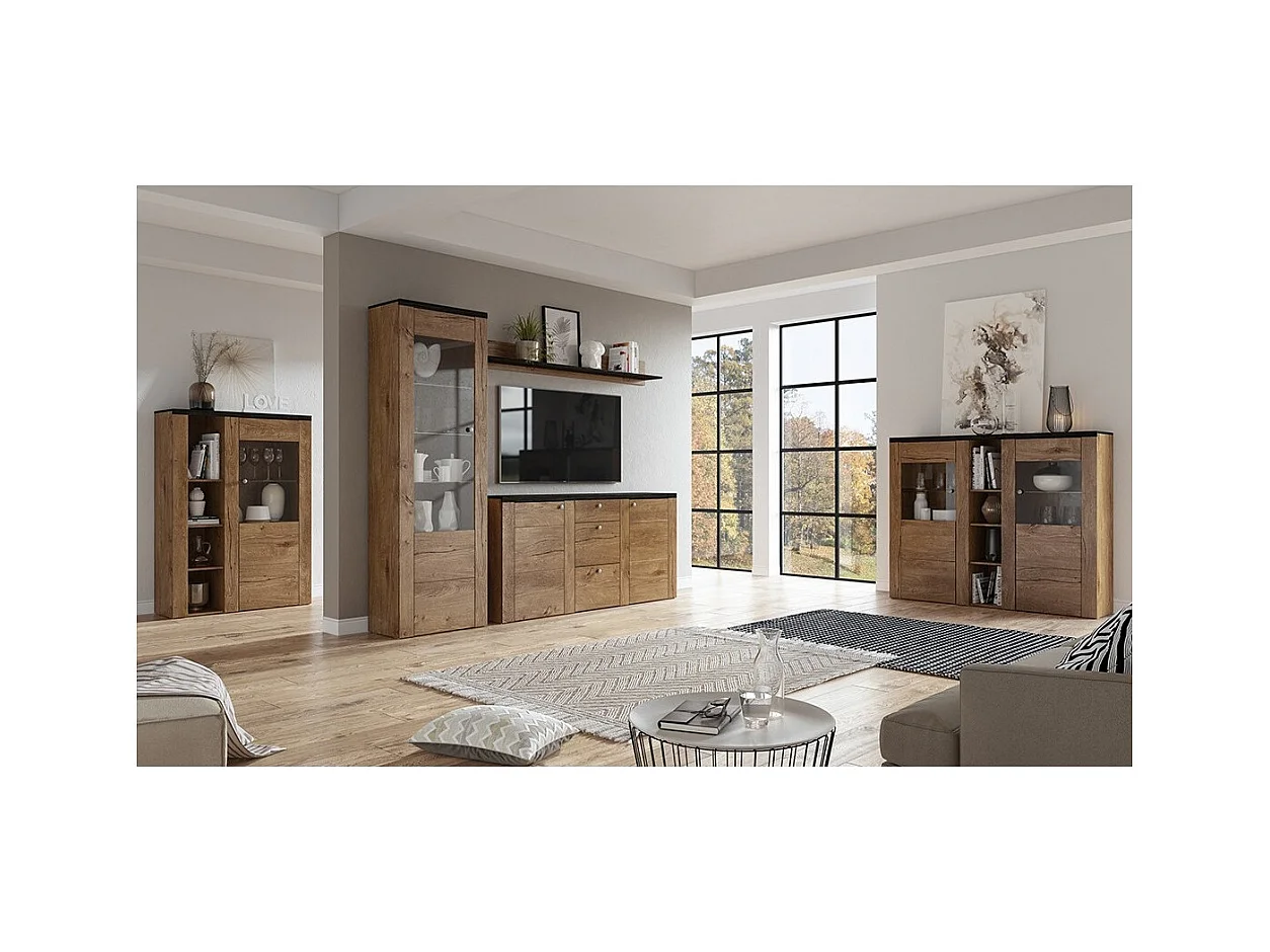 Set van 5 meubels voor de woonkamer uit de SANTIAGO collectie. Kleuren eiken en zwart met houteffect.