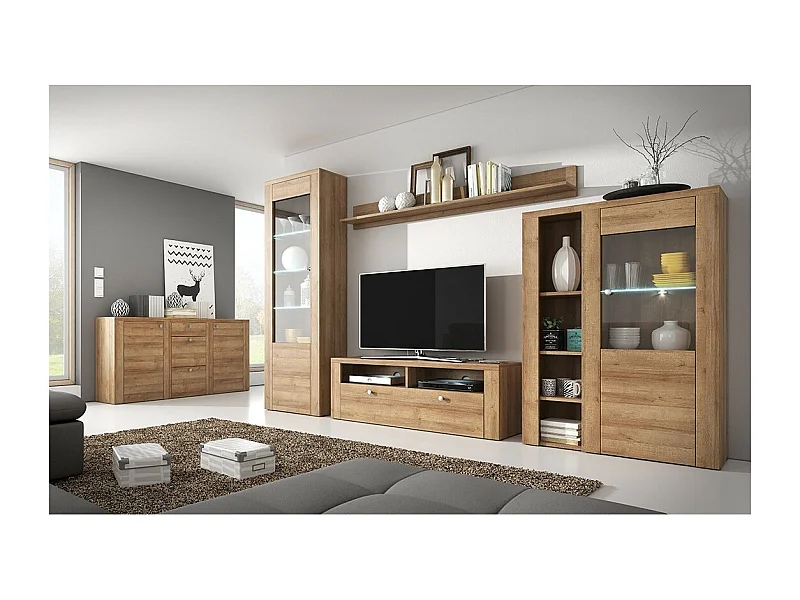 Ensemble de 5 meubles de salon collection SANTIAGO. Coloris chêne.