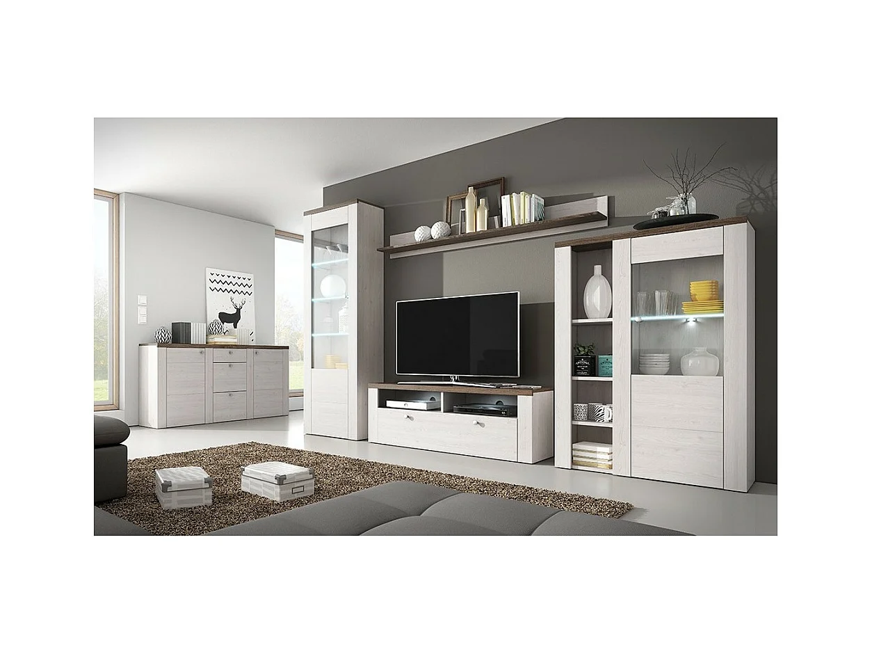 Ensemble de 5 meubles de salon collection SANTIAGO. Coloris blanc effet bois et chêne.