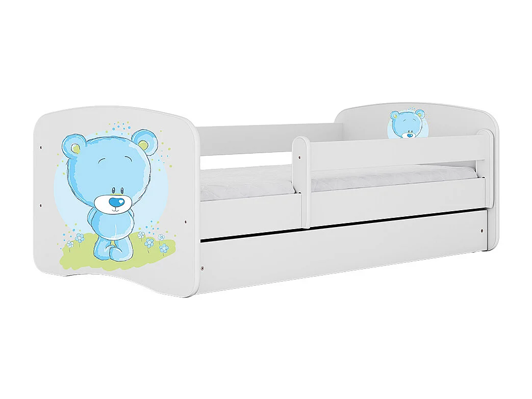 Kinderbett blauer Teddybär Blumen  mit Schublade Weiß 160/80 | Jugendbett