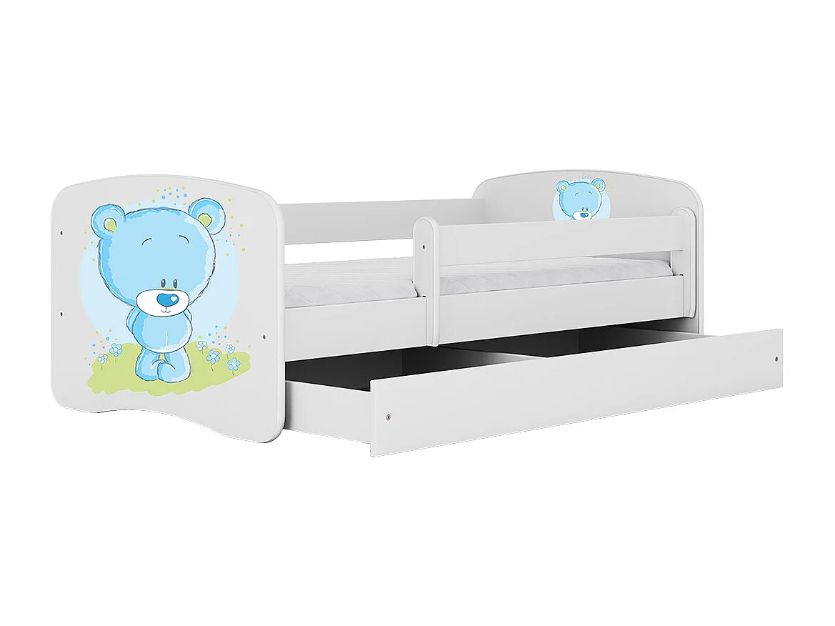 Kinderbett blauer Teddybär Blumen  mit Schublade Weiß 160/80 | Jugendbett