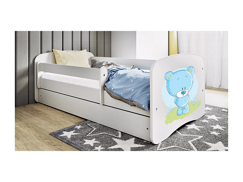 Kinderbett blauer Teddybär Blumen  mit Schublade Weiß 160/80 | Jugendbett
