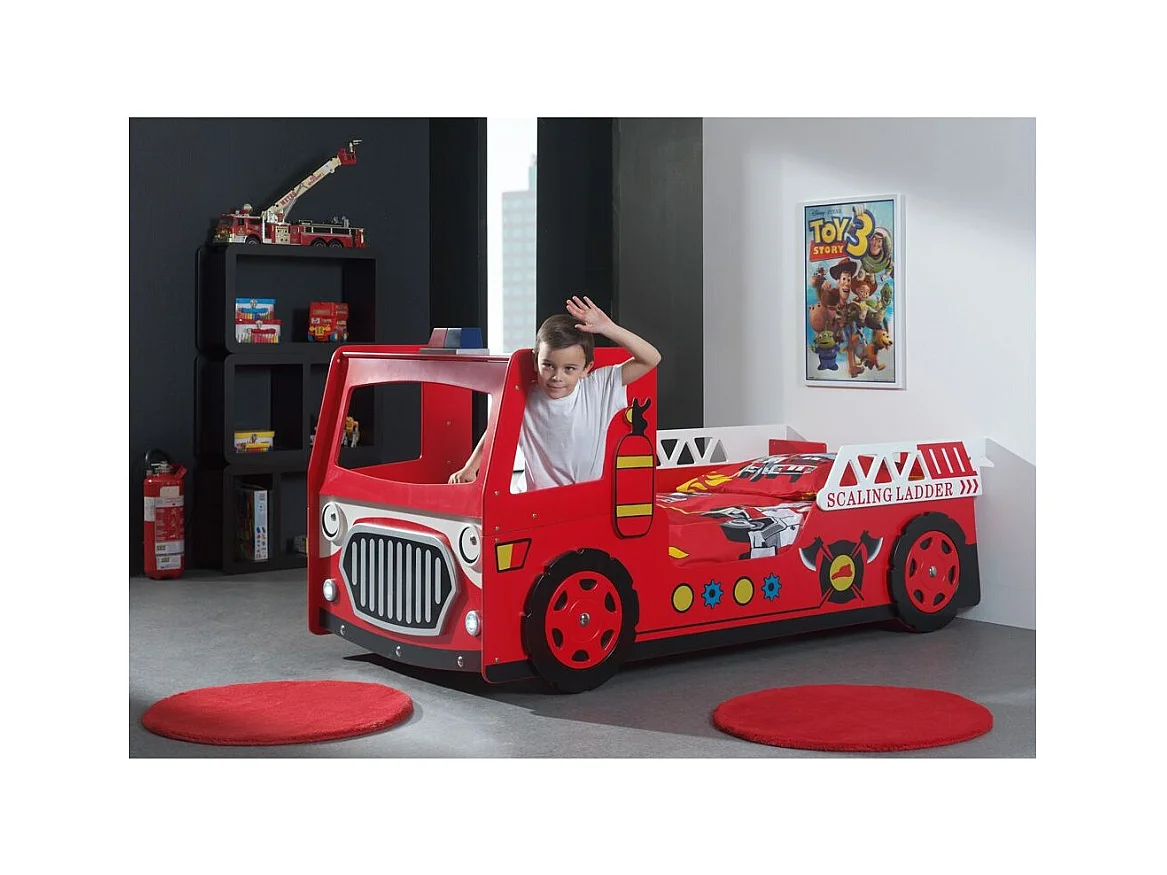Cama para coche bombero 90x200 cm madera lacada roja Cara