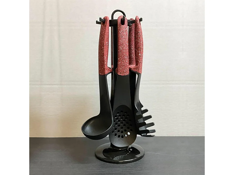 Ensemble d'ustensiles de cuisine 7 pièces - Effet pierre - Rouge - Support rotatif inclus