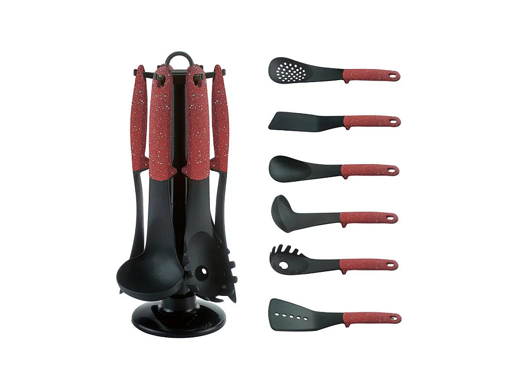 Set di Utensili da Cucina 7 pezzi - Effetto Pietra - Rosso - Supporto Girevole Incluso