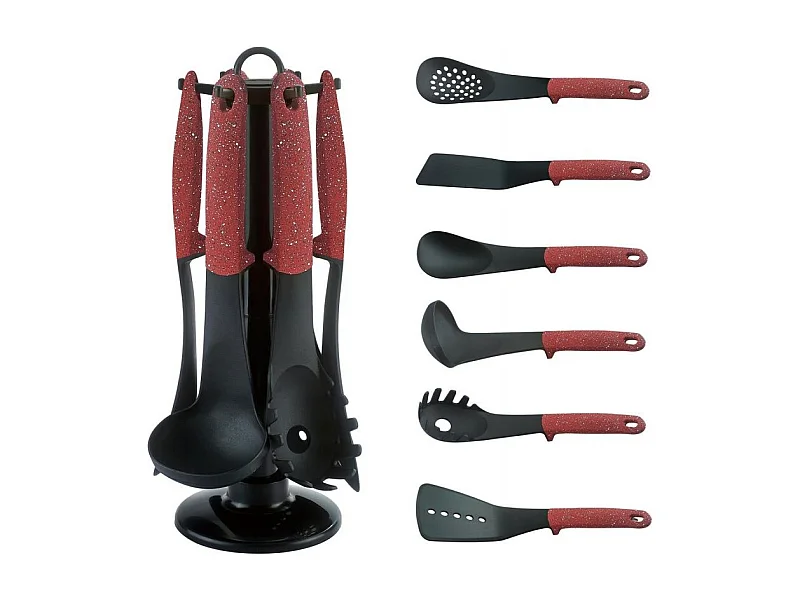 Ensemble d'ustensiles de cuisine 7 pièces - Effet pierre - Rouge - Support rotatif inclus