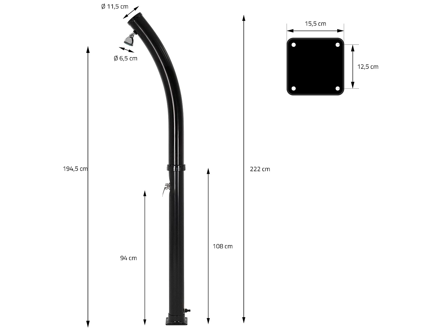 Douche solaire courbée noire 20 L PVC pour piscines + pomme de douche ML-DESIGN