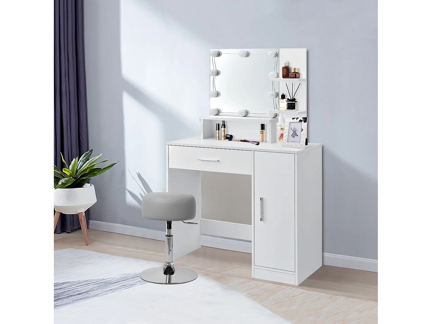 Sgabello da lavoro rotondo in pelle grigio chiaro regolabile in altezza ML-DESIGN