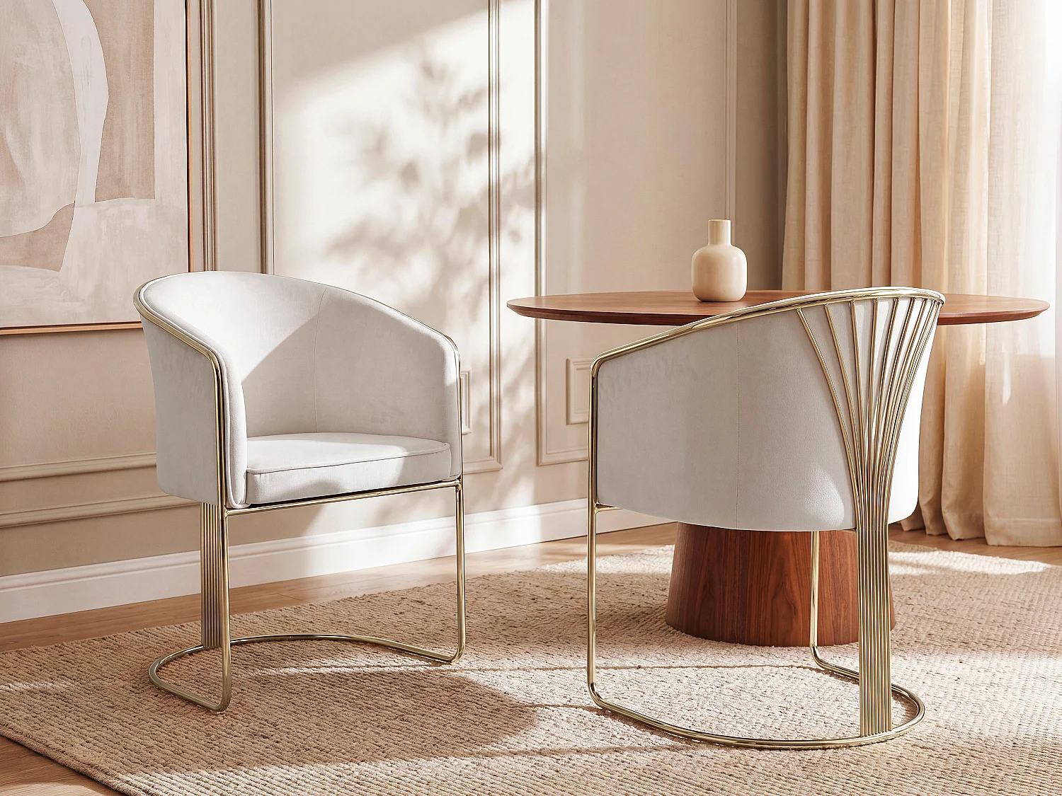 Lot de 2 chaises avec accoudoirs en velours et métal - Crème et doré - JOSETHE