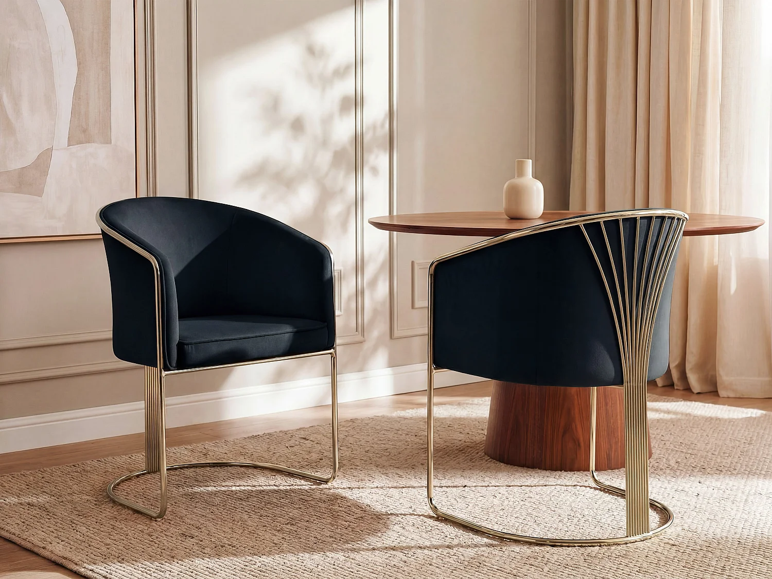 Lot de 2 chaises avec accoudoirs en velours et métal - Noir et doré - JOSETHE