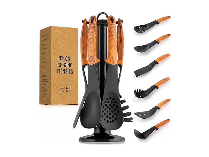 Ensemble d'ustensiles de cuisine en nylon avec support rotatif - Manches aspect bois - Noir/Marron - 6 pièces