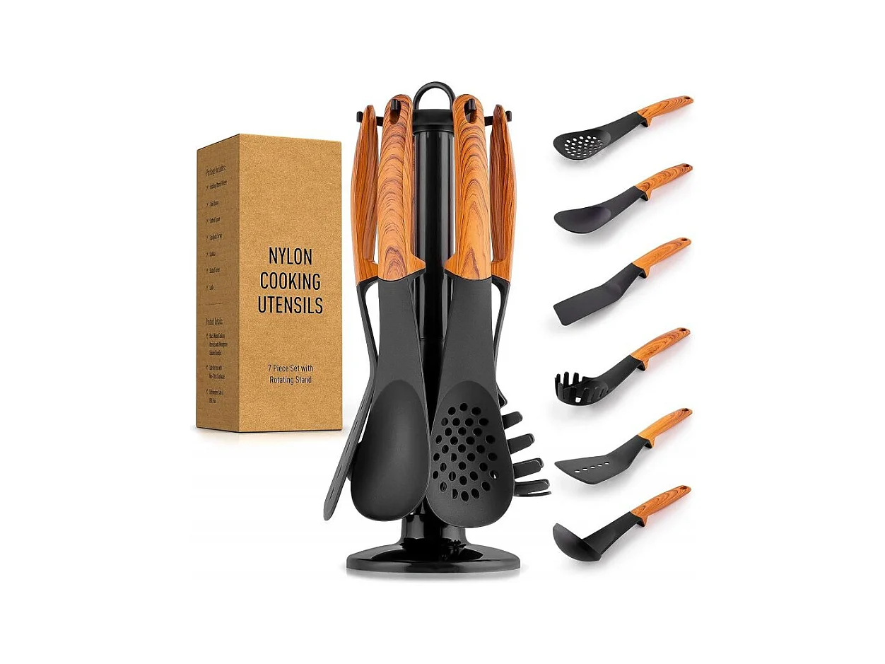 Ensemble d'ustensiles de cuisine en nylon avec support rotatif - Manches aspect bois - Noir/Marron - 6 pièces