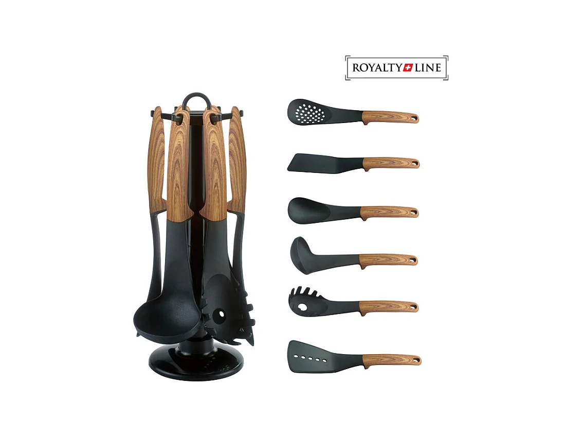 Ensemble d'ustensiles de cuisine en nylon avec support rotatif - Manches aspect bois - Noir/Marron - 6 pièces