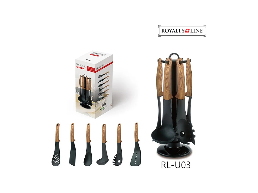 Ensemble d'ustensiles de cuisine en nylon avec support rotatif - Manches aspect bois - Noir/Marron - 6 pièces