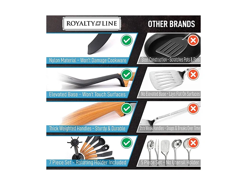 Ensemble d'ustensiles de cuisine en nylon avec support rotatif - Manches aspect bois - Noir/Marron - 6 pièces