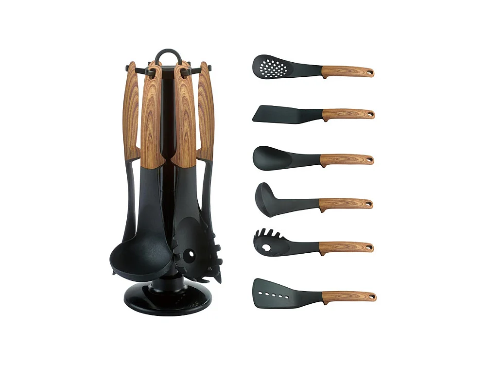 Ensemble d'ustensiles de cuisine en nylon avec support rotatif - Manches aspect bois - Noir/Marron - 6 pièces