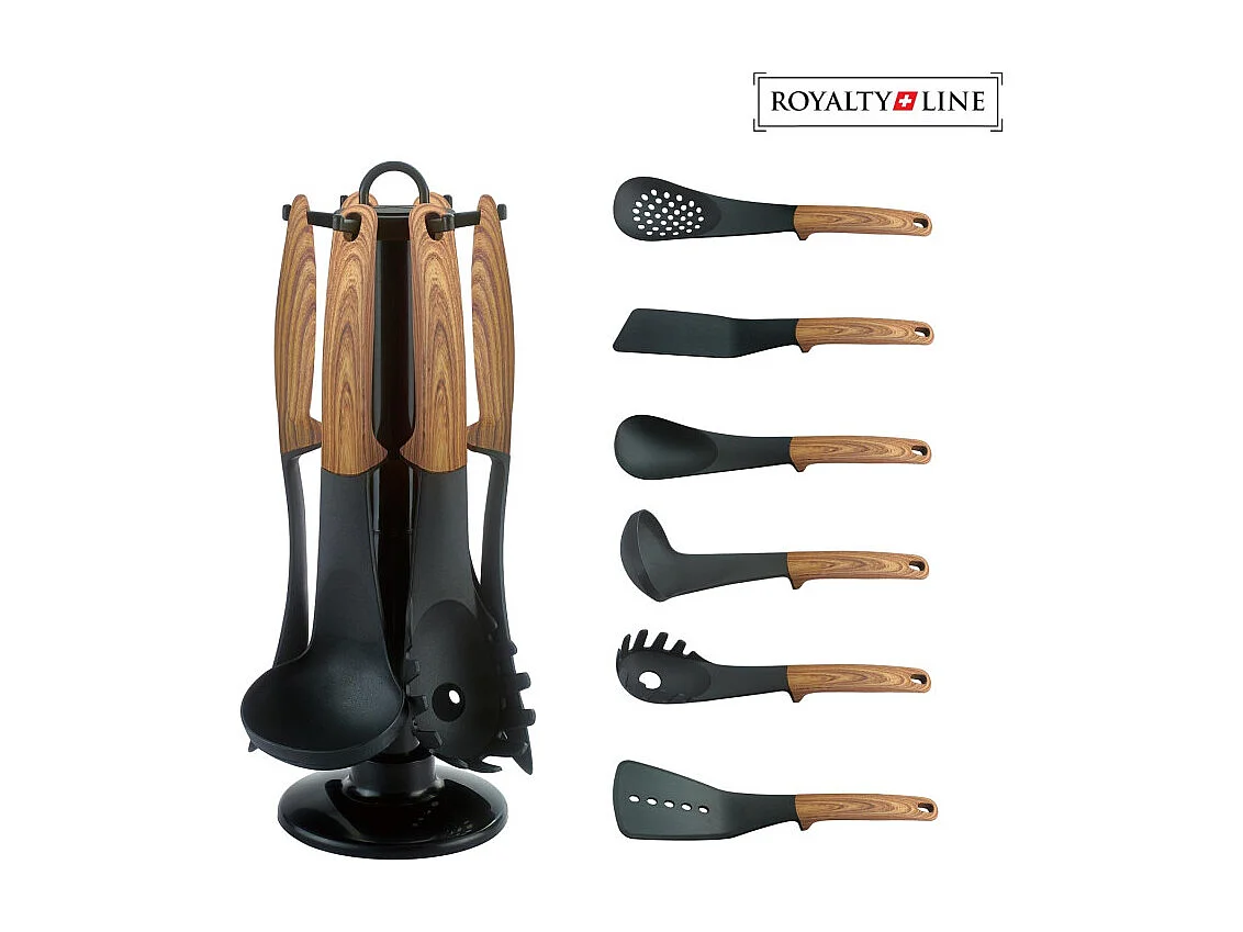 Ensemble d'ustensiles de cuisine en nylon avec support rotatif - Manches aspect bois - Noir/Marron - 6 pièces