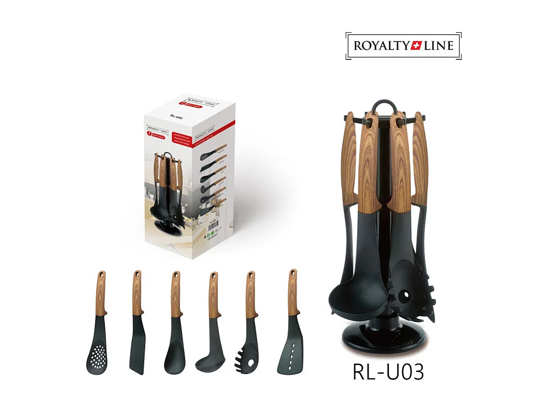 Ensemble d'ustensiles de cuisine en nylon avec support rotatif - Manches aspect bois - Noir/Marron - 6 pièces
