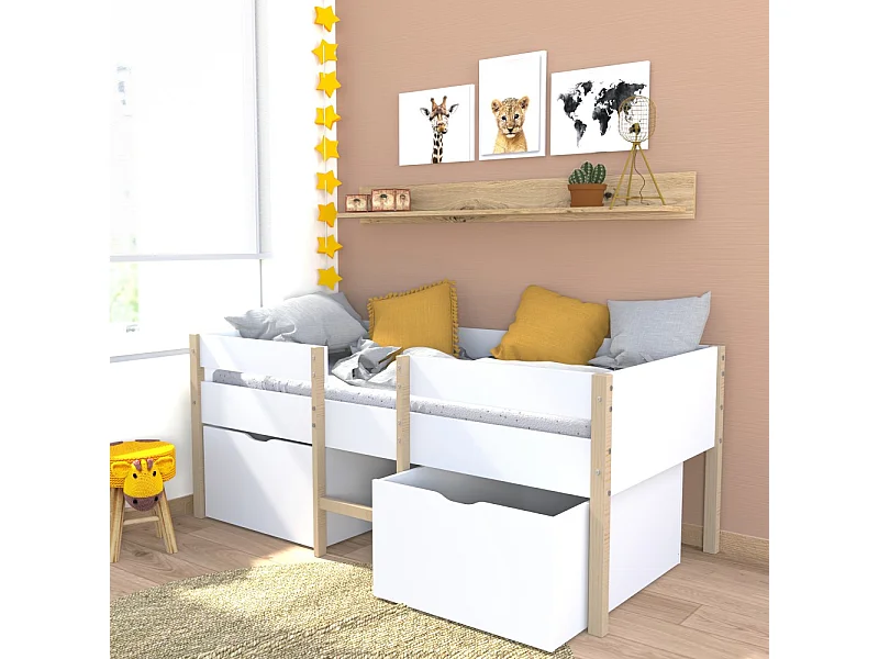 Lit mi-hauteur ZEPHIR 90x200 + 2 grands tiroirs + sommier / Blanc & vernis naturel
