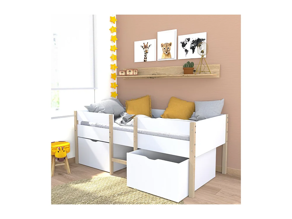 Lit mi-hauteur ZEPHIR 90x200 + 2 grands tiroirs + sommier / Blanc & vernis naturel