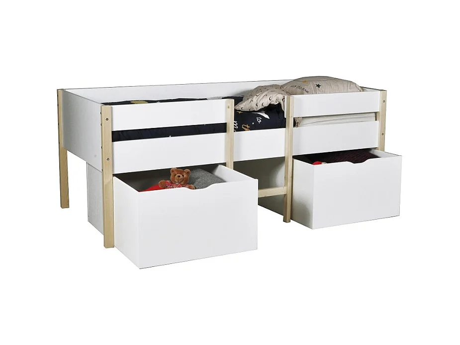 Lit mi-hauteur ZEPHIR 90x200 + 2 grands tiroirs + sommier / Blanc & vernis naturel