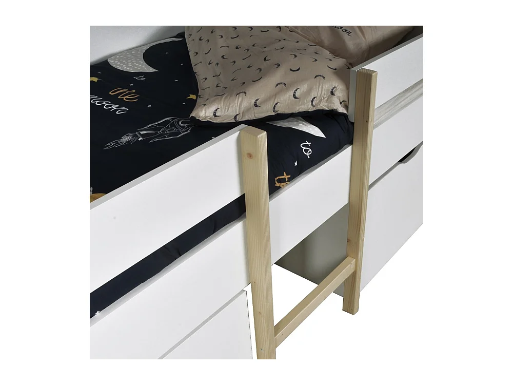 Lit mi-hauteur ZEPHIR 90x200 + 2 grands tiroirs + sommier / Blanc & vernis naturel