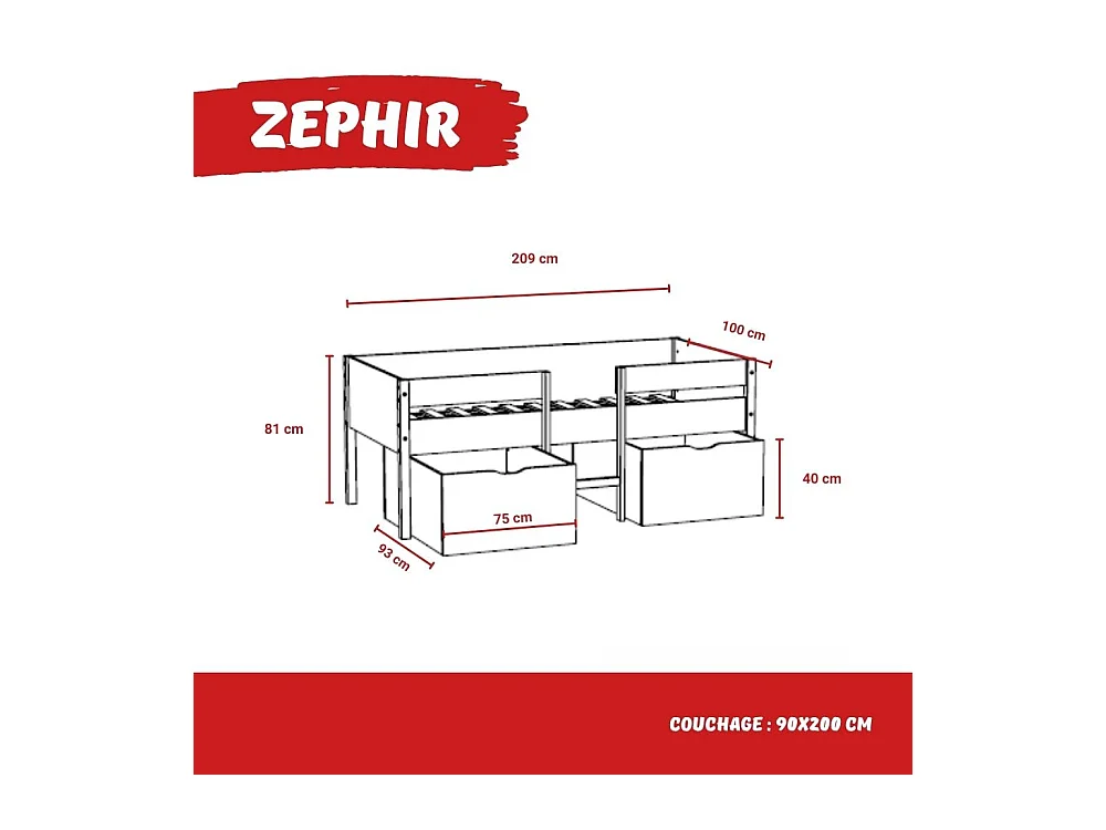 Lit mi-hauteur ZEPHIR 90x200 + 2 grands tiroirs + sommier / Blanc & vernis naturel