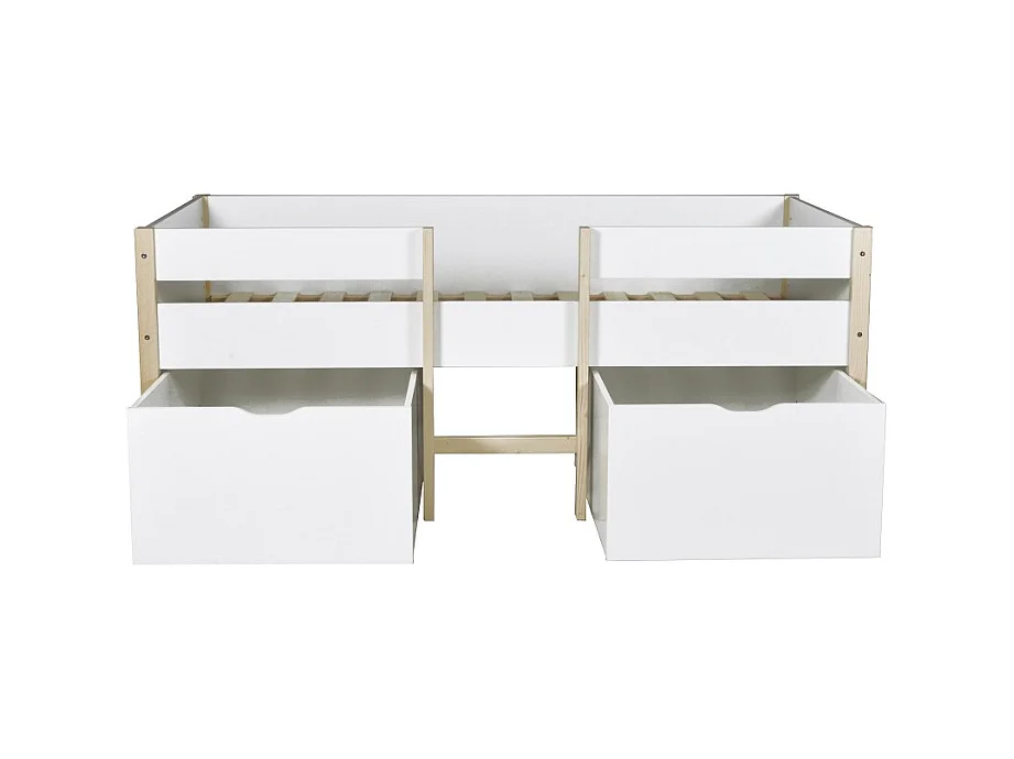 Lit mi-hauteur ZEPHIR 90x200 + 2 grands tiroirs + sommier / Blanc & vernis naturel