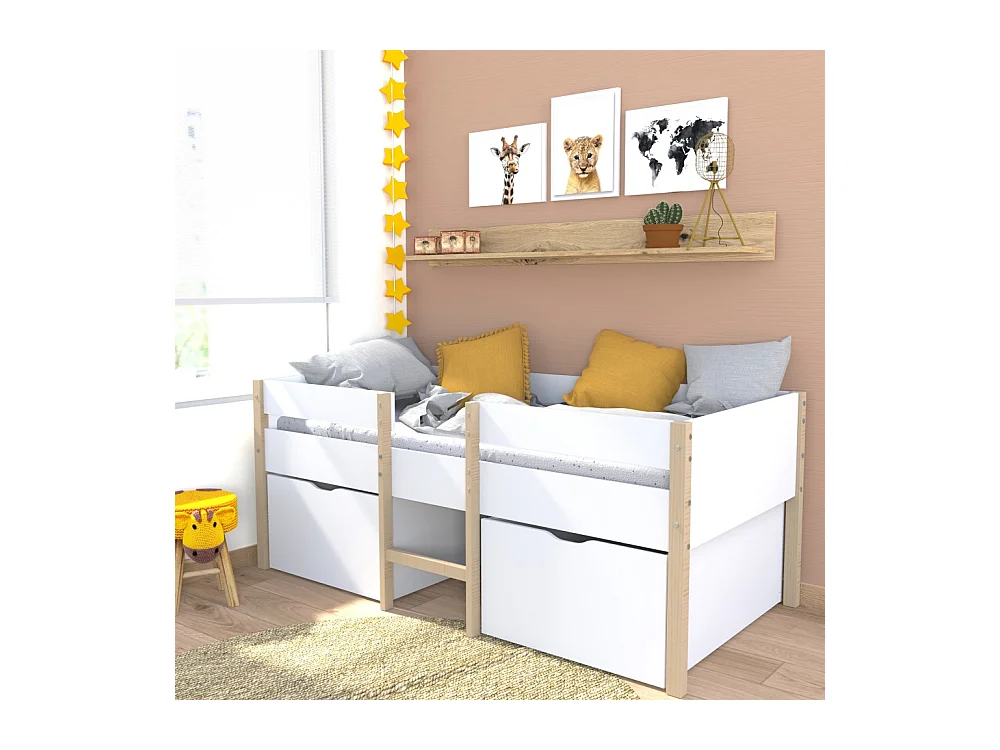 Lit mi-hauteur ZEPHIR 90x200 + 2 grands tiroirs + sommier / Blanc & vernis naturel