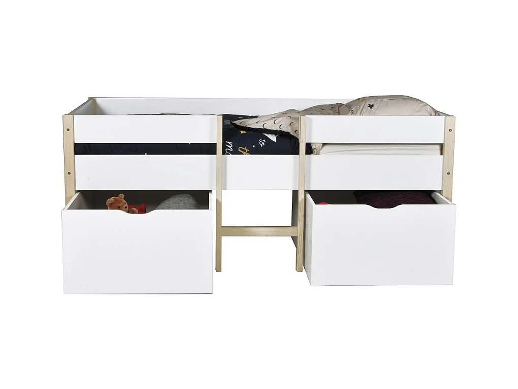 Lit mi-hauteur ZEPHIR 90x200 + 2 grands tiroirs + sommier / Blanc & vernis naturel
