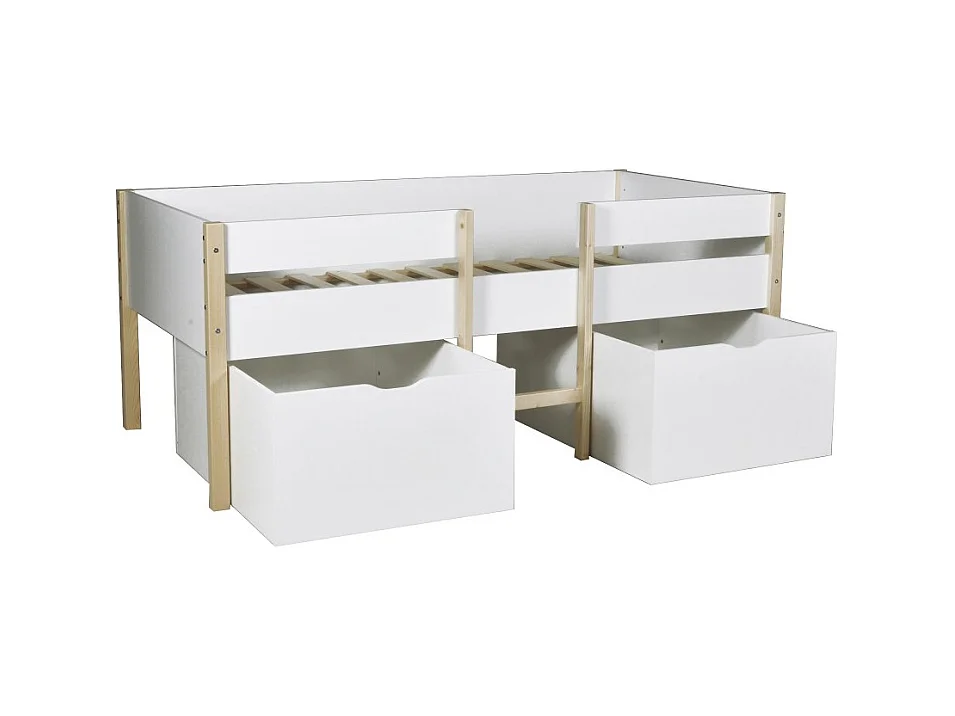 Lit mi-hauteur ZEPHIR 90x200 + 2 grands tiroirs + sommier / Blanc & vernis naturel