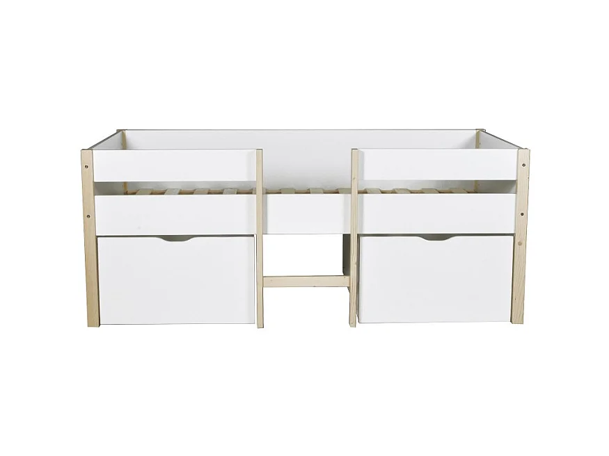 Lit mi-hauteur ZEPHIR 90x200 + 2 grands tiroirs + sommier / Blanc & vernis naturel