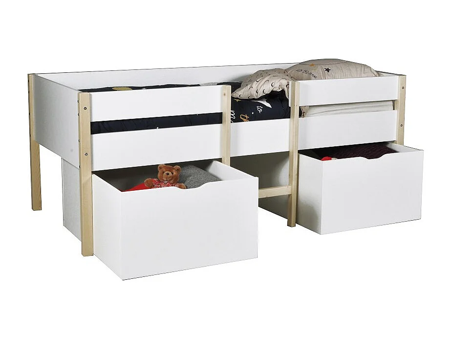 Lit mi-hauteur ZEPHIR 90x200 + 2 grands tiroirs + sommier / Blanc & vernis naturel