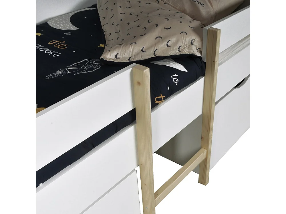 Lit mi-hauteur ZEPHIR 90x200 + 2 grands tiroirs + sommier / Blanc & vernis naturel