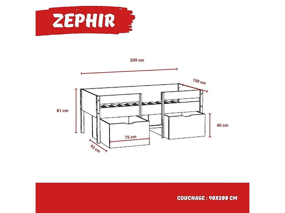 Lit mi-hauteur ZEPHIR 90x200 + 2 grands tiroirs + sommier / Blanc & vernis naturel