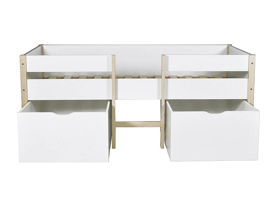 Lit mi-hauteur ZEPHIR 90x200 + 2 grands tiroirs + sommier / Blanc & vernis naturel