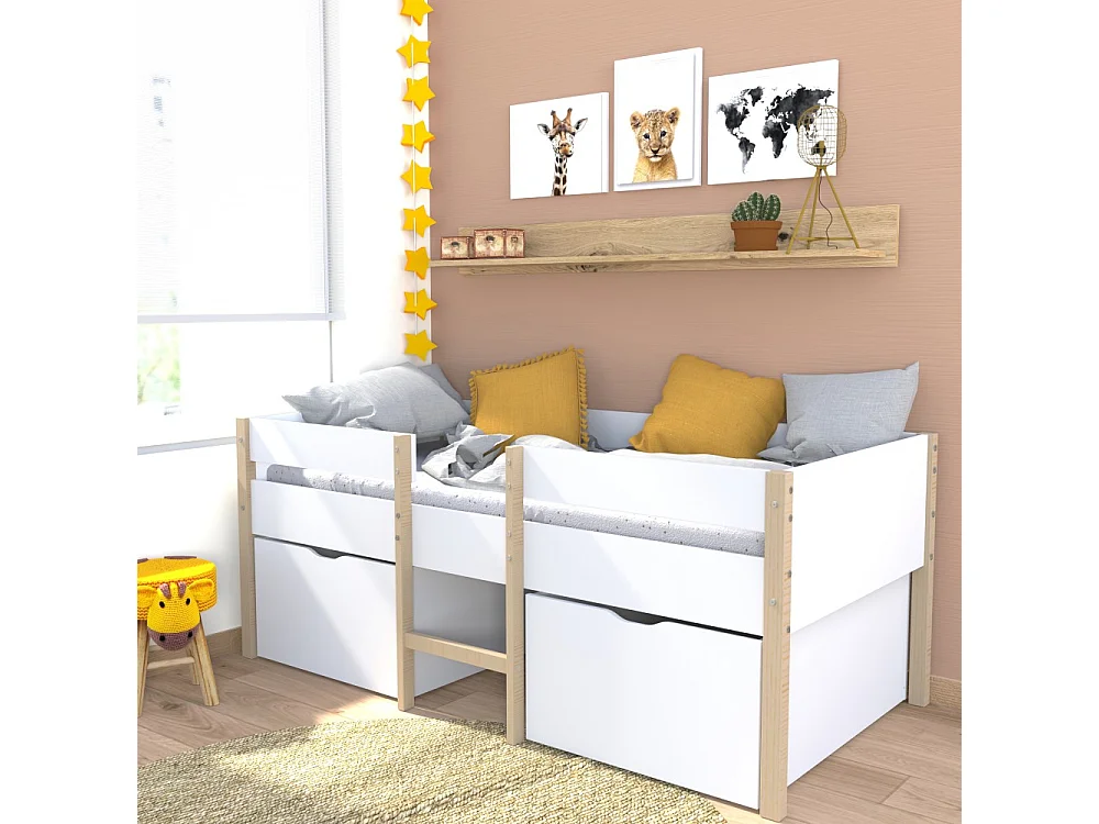 Lit mi-hauteur ZEPHIR 90x200 + 2 grands tiroirs + sommier / Blanc & vernis naturel
